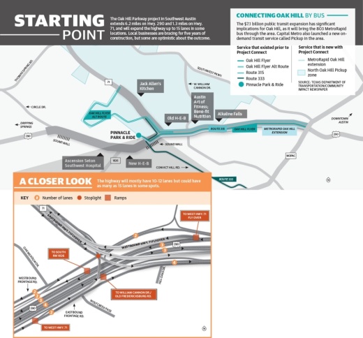 The Oak Hill Parkway project map shows the road will expand up to fifteen lanes and include two flyovers.