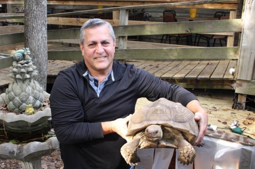 Mike Kelton took over ownership of Tree House Cafe in June, which has pet tortoises on display, among other oddities. (Chandler France/Community Impact Newspaper)