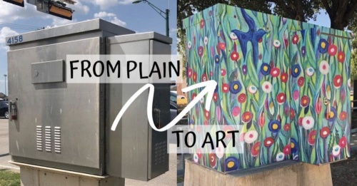 Traffic signal boxes with and without artwork.