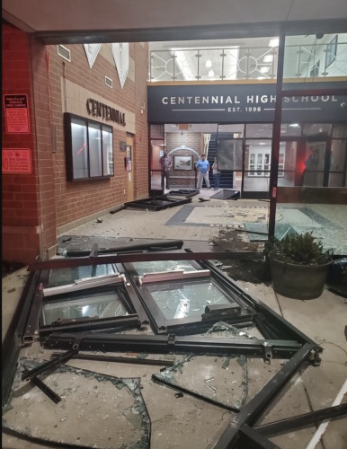 A Williamson County School District student was arrested after allegedly plowing his vehicle into the front of Centennial High School in Franklin the night of Jan. 13, causing damage to the entryway. (Courtesy Franklin Police Department)