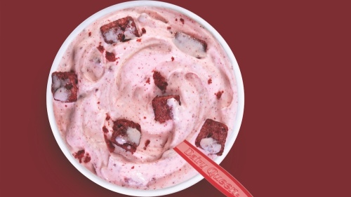 aerial view of red velvet cake blizzard and spoon