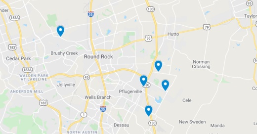 google map screenshot of the pflugerville round rock and hutto areas in central texas with commercial projects filed under tdlr pinpointed on map