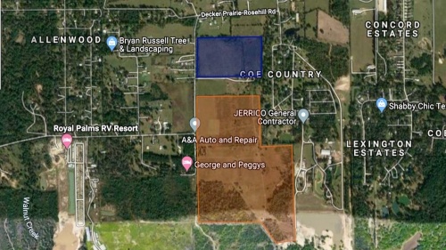 Two residential communities developed by the Pulte Group will bring about 600 single-family lots to Decker-Prairie Rosehill Road in south Magnolia. (Screenshot courtesy Google Maps)