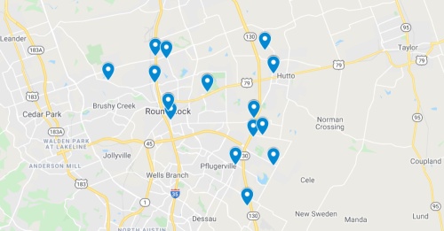 google maps screenshot of round rock pflugerville and hutto areas in central texas with locations marked of commercial projects filed under the texas department of licensing and regulation
