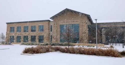 Flower Mound town hall experienced snowfall after temperatures dropped Feb. 2. (Courtesy Flower Mound)