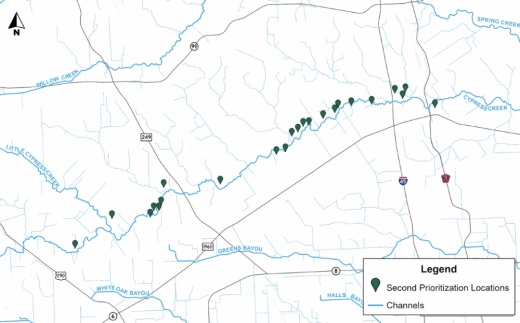 This map shows the 23 stormwater detention basins prioritized in the Cypress Creek watershed. All but the Faulkey Gully basin were recommended to move forward. (Courtesy Harris County Flood Control District)