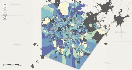 A current San Antonio City Council district map. Local officials said because of a growing population, redistricting is required to ensure an ideal population size in each district. The darkest blue-shaded spots in this map show the most densely populated areas, and the yellow-shared spots indicate the most sparsely populated areas. (Courtesy City of San Antonio) 