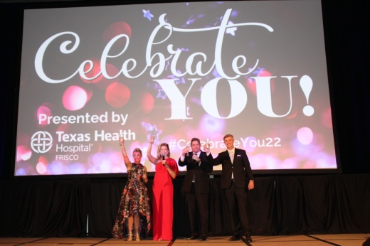 Emcees Ashley Miller and Christal Howard award presenters Tony Felk and Matthew Reiter. (Summer El-Shahawy/Community Impact Newspaper)