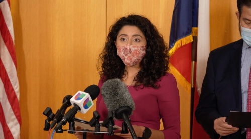 Harris County Judge Lina Hidalgo speaks about safety and justice budget investments at a Feb. 7 press conference. (Courtesy Harris County Judge's Office)