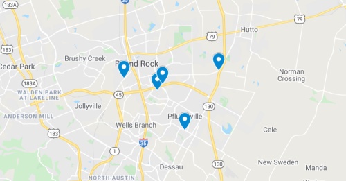 google map screenshot of commercial projects filed recently in the round rock pflugerville and hutto areas of central texas 