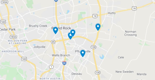 google map screenshot of commercial projects filed recently in the round rock pflugerville and hutto areas of central texas