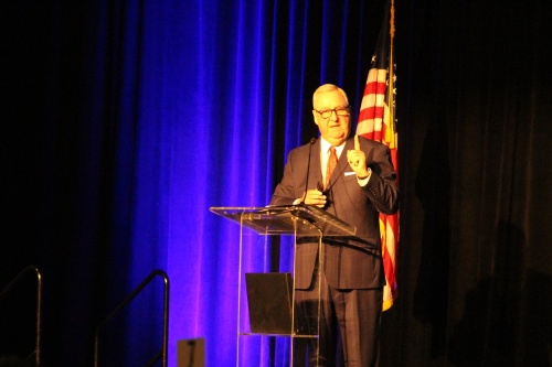 Gil Staley, CEO of The Woodlands Area Economic Development Partnership, delivered The Woodlands area's top employers during an Economic Outlook Conference on Feb. 11. (Ally Bolender/Community Impact Newspaper)