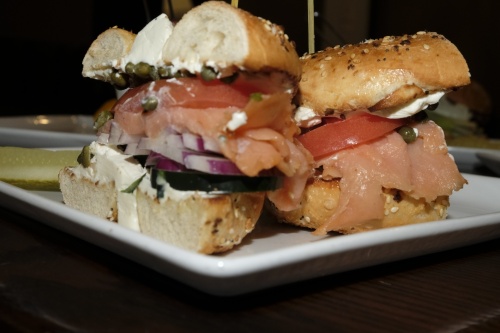 The Rabbi ($14.95): Nova lox, whipped cream cheese, onions,
tomatoes and capers are served on a bagel bun.  
(George Wiebe/Community Impact Newspaper)