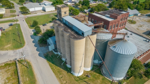 aerial view of concrete silos