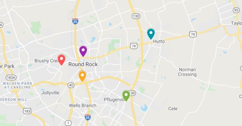 round rock pflugerville and hutto areas screenshotted on a google map with different color location pinpoints marking where different commercial projects have been filed across the region