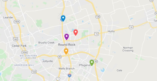 screenshot of round rock and pflugerville areas in central texas on google maps with locations pinpointed of where commercial projects have been filed under the texas department of licensing and regulation 