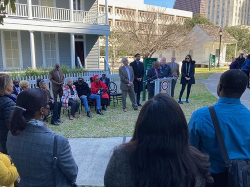 Mayor Sylvester Turner made a special announcement regarding three historic Houston homes during a Feb. 28 press conference. (Courtesy The Heritage Society)