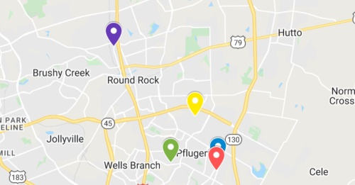 google maps screenshot of round rock and pflugerville in central texas with locations pinpointed of where commercial projects have recently been filed in the area