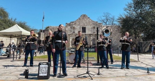 The 3rd Marine Aircraft Wing Band performs in front of The Alamo, which is hosting a series of events that commemorate the historic declaration of Texas independence in 1836. (Courtesy The Alamo)