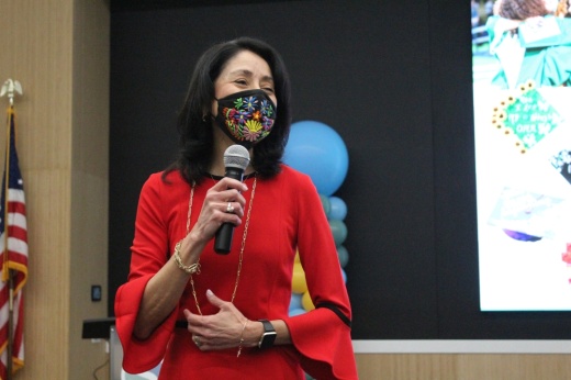 Spring ISD Superintendent Lupita Hinojosa speaks at a Feb. 22 meet-and-greet event. (Emily Lincke/Community Impact Newspaper)