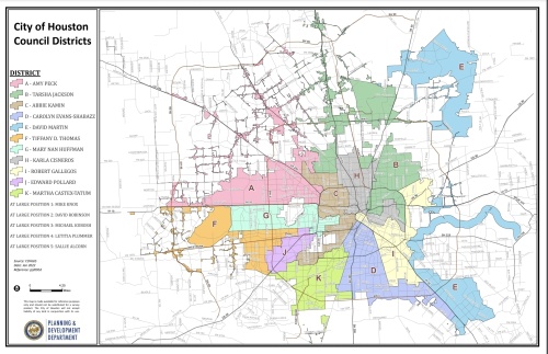 A map shows the current Houston City Council districts. (Courtesy city of Houston)