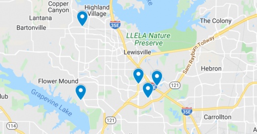 Google Maps screenshot of Lewisville, Flower Mound and Highland Village area