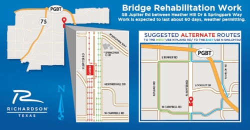 All southbound lanes on the Jupiter Road bridge over Spring Creek, located between Springpark Way and Heather Hill Drive, will be closed to traffic until late March for bridge rehabilitation work. (Courtesy city of Richardson)