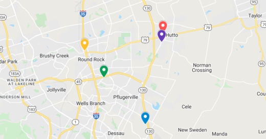 google maps screenshot of round rock pflugerville and hutto areas in central texas with locations pinpointed of commercial projects