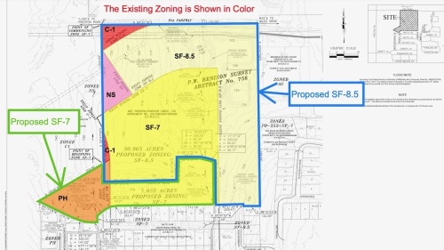 The Frisco Planning and Zoning Commission on March 8 approved zoning changes for the Crown Ridge neighborhood. Zones for patio homes (PH), commercial development (C-1) and neighborhood services (NS) were changed to solely single-family (SF) zoning. (Map courtesy city of Frisco)