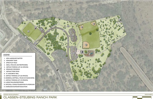 Mitchell’s Landing playground will be built in the middle of Classen-Steubing Ranch Park, which the city of San Antonio is developing in the 20000 block of Hardy Oak Boulevard across from Las Lomas Elementary School. (Courtesy city of San Antonio) 