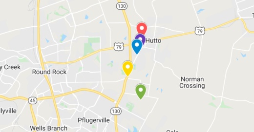 google maps screenshot of pflugerville and hutto areas with multicolor locations pinpointed of where different commercial projects have been filed for restaurants, shops and facilities