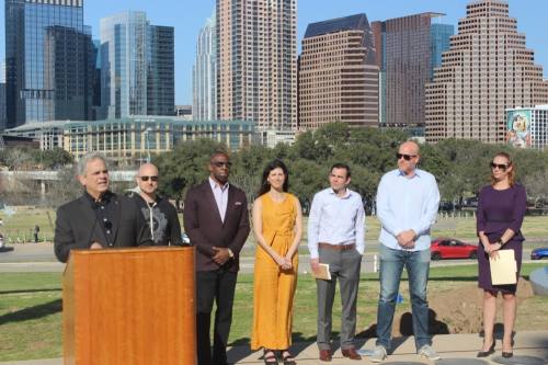 Mayor Steve Adler (left) and District 6 Council Member Mackenzie Kelly (right) joined local technology industry members to discuss Austin's engagement in the blockchain innovation space. (Ben Thompson/Community Impact Newspaper)