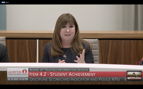 Superintendent Stephanie Elizalde discusses disciplinary action at a March 10 board of trustees meeting. (Courtesy Austin ISD)