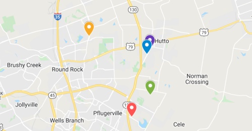 google maps screenshot of round rock pflugerville and hutto areas in central texas with colorful locations pinpointed of five commercial projects in the region 