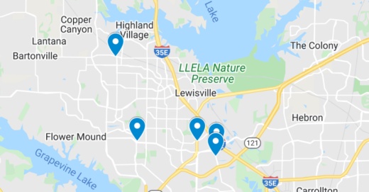 Google Maps screenshot of the Lewisville, Flower Mound and Highland Village area