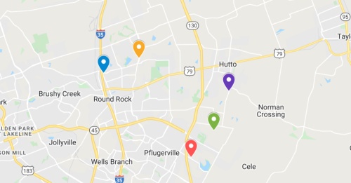 screenshot of google maps website round rock pflugerville and hutto areas in central texas with colorful locations pinpointed of different commercial projects in the area 