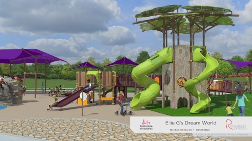 The Tree of Life play structure, pictured in this rendering at right, is a focal point of Franklin's first inclusive park for all abilities,  Ellie G's Dreamworld, which is projected to open in 2024. (Courtesy-city of Franklin) 