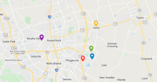 Google maps screenshot of round rock pflugerville and hutto areas in central texas with colorful locations marked where new commercial projects have been filed for construction or renovation by the texas department of licensing and regulation