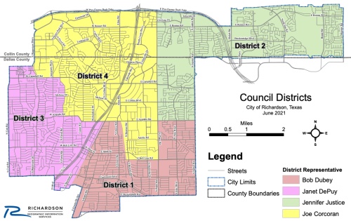 This map shows the current boundaries for Richardson City Council's four districts. (Courtesy city of Richardson)