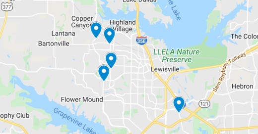 Google Maps screenshot of the Lewisville, Flower Mound and Highland Village area