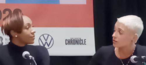 Kara Allen, Spurs sports and entertainment chief impact officer (right), and NBC Sports host Maria Taylor take part in a March 13 South by Southwest Conference & Festivals panel discussion about how professional athletes and franchises are affecting social change. (Edmond Ortiz/Community Impact Newspaper)
