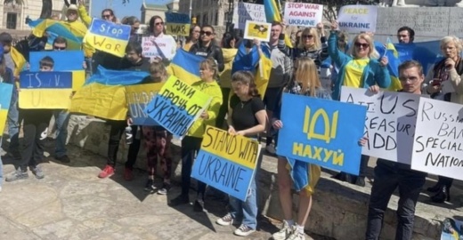 Native Ukrainians and fellow San Antonio-area demonstrators rally during a Feb. 27 gathering at Alamo Plaza. (Courtesy Ukrainian Society of San Antonio)