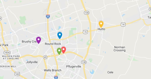 Google maps screenshot of round rock pflugerville and hutto areas in central texas with colorful locations marked where new commercial projects have been filed for construction or renovation by the texas department of licensing and regulation