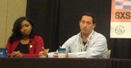 Texas District 116 State Rep. Trey Martinez Fischer speaks in a March 13 panel discussion at South by Southwest in Austin. At left is Texas District 100 State Rep. Jasmine Crockett, D-Dallas. (Edmond Ortiz/Community Impact Newspaper)