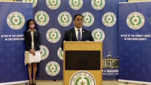 Fort Bend County Judge KP George announced the county lowered its COVID-19 risk level from yellow to green in a press conference March 21. (Screenshot courtesy Fort Bend County)