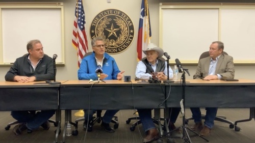 From left, Williamson County Precinct 4 Commissioner Russ Boles, County Judge Bill Gravell, U.S. Congress Member John Carter and State Rep. Terry Wilson hold a news conference on the recent tornadoes on March 22. (Screenshot courtesy Williamson County)