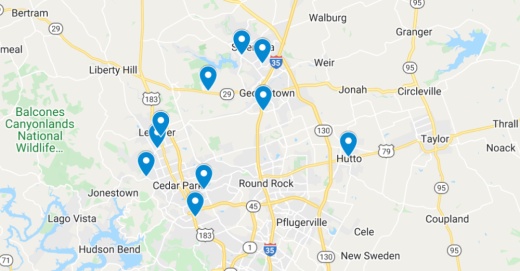Google maps screenshot of williamson county area in central texas with colorful locations marked where new commercial projects have been filed for construction or renovation by the texas department of licensing and regulation