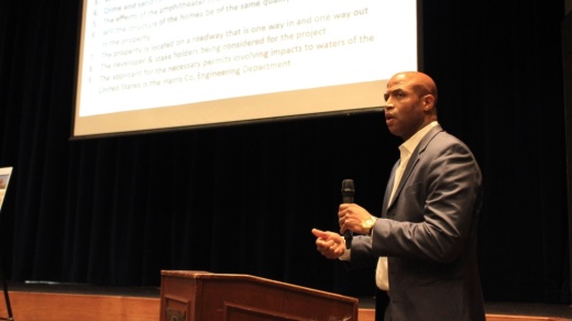 J.K Washington was among the roughly 20 Lake Houston-area residents who spoke out against the Harris County Housing Authority's proposed The View at Lake Houston development at a March 23 public meeting. (Wesley Gardner/Community Impact Newspaper)
