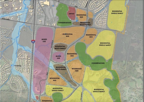 The city of Franklin is conducting a study on potential development of land called the Goose Creek Basin on the southern edge of the city's Urban Growth Boundary. The graphic shown depicts a potential distribution of varieties of development that might be supported. (Courtesy city of Franklin)