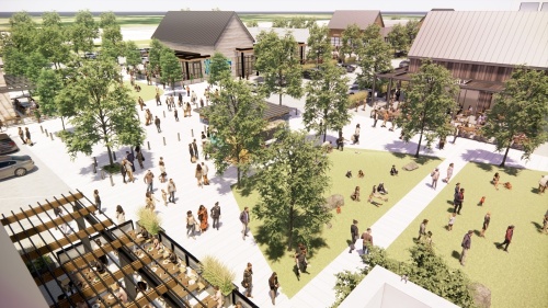 The natural and organic foods retailer Whole Foods will be the West Grove development's anchor tenant in McKinney. (Rendering courtesy Gensler)
